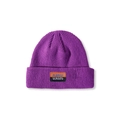 Close-up of purple knitted beanie featuring a classic white rectangular patch detail - M (56-58cm) / Medium Purple