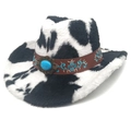 Chapeau de cow-boy imprimé vache en peluche avec bandeau en cuir et turquoise - Sommet en Coeur / Noir