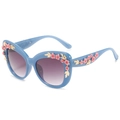 Baroque cat eye sunglasses with sky blue frame and 3D floral accents for women - Blue Frame Gradient Gray