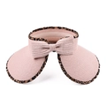 Detail of pink straw sun visor with leopard print trim and decorative bow on the back - Pink