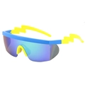 Sporty sunglasses with yellow lightning-shaped temples and blue iridescent lenses - Blue Frame Yellow Temple Green Lens