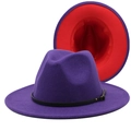 Detail view of purple wool fedora with red contrast brim and black faux leather belt - M (56-58cm) / Purple + Red