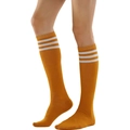 Ginger yellow knee-high socks with three white stripes in a Japanese college style - One Size / Ginger Yellow with White Stripes