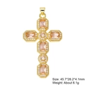 Golden cross necklace pendant featuring pink gemstones and clear zircons on white background - Style 56/Gold Pink Baguette Stone/45.7*26.2*4.1mm