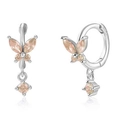 925 Sterling silver butterfly earrings with pink gems and round pendants in silver finish - Platinum - Champagne Rhinestone