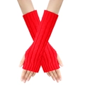 Detail of red cable knit fingerless gloves showing intricate texture and arm sleeve length - One Size / Red