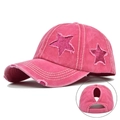 Detail of rose pink washed baseball cap with glitter star patches and ponytail hole - One Size / Rose Red