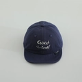Close-up of navy blue soft-brim baby baseball cap with Good Luck embroidery and smiley face - 50cm (Recommended 1-3 Years) / Navy Blue (Good Luck Smiley)