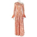 Detail of orange geometric pattern dress with asymmetric shoulder and flared long sleeve - S / Orange Red