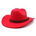 Detail of red wool felt fedora featuring a brown leather band and metallic buckle detail - M (56-58cm) / Red