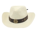 Macro view of woven straw cowboy hat with vintage brown leather band and metal studs - One Size (Approx. 56-58cm) / Milky White (Clover Belt + Windproof Rope)