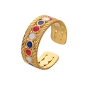 Adjustable golden stainless steel ring with colorful red, blue, and white enamel patterns - Gold Vintage Twill Colorful Dots (J509-1)