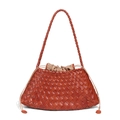 Brown hand-woven leather tote bag with drawstring lining and woven shoulder strap - Amber Brown