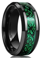 Men's black tungsten carbide ring featuring a green Celtic dragon pattern inlay - Black Plated Green Black Dragon