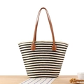 Vintage woven bucket bag with beige and black stripes and brown leather handles - Multi Stripe Black