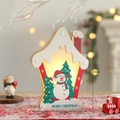 Luminous wooden Christmas house ornament with snowman pattern and warm glowing LED light - Snowman Snow House