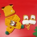 Yellow knitted kids Christmas set with reindeer hat, plush scarf and mittens - Ginger 3-Piece Set (No Box)