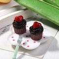 Miniature resin chocolate cupcakes set with red hearts, tray and small mint fork - 1.5x1.5cm / Coffee Base with Heart