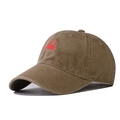 Detail shot of vintage washed cotton baseball cap with embroidered red crab on brown fabric - Adjustable / Khaki