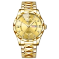 Men's gold quartz watch with sunburst dial, luminous hands, and dual calendar display - Polygon Gold Strap - Gold Face