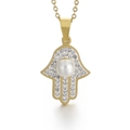 Elegant gold Hamsa hand necklace with white pearl and sparkling crystals on O-chain - Gold Hamsa Hand Pearl Style (KP45125-K)