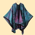 Detail of blue-purple abstract oil painting print on knitted faux cashmere shawl poncho - 130x150cm / Jiangnan Water Town Purple