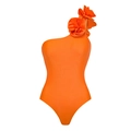 One-shoulder bright orange swimsuit with 3D floral accents and sleek cutout design - S / One Shoulder Flower One Piece Swimsuit