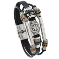 Vintage Viking leather bracelet with multi-layer braided straps and metallic skull beads - Vegvisir Compass / Black