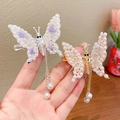 Butterfly hair clips with moving wings and long pearl tassels in gold and silver - Pearl Butterfly 2pcs Set