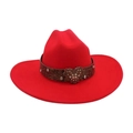Red wool felt jazz hat with wide brim and heart rhinestone buckle on brown band - Red