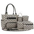 Close-up of 7-piece diaper bag set with black and white geometric circular patterns - Black White Round Geometric