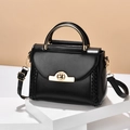 Elegant black glossy leather handbag with gold clasp and woven side details - Black