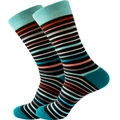 Detail of colorful striped cotton crew socks with vibrant teal toe and heel accents - Light Blue Cuff Fine Stripes