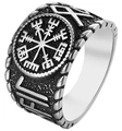 Detailed view of Viking Vegvisir compass ring with Norse runes on aged silver steel - US 7 / Steel Color (09508)