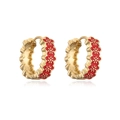 Detail of gold-plated hoop earrings with red enamel flower patterns and hinge closure - Red