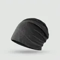 Dark grey textured slouchy beanie hat for women in high elastic knit fabric - Solid Minimalist Style / Dark Gray