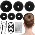 Hair styling tool set including black sponge bun makers, combs, and hair accessories - 35-Piece Black / Black