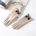 Elegantes guantes beige de invierno para mujer con lazo marrón y forro polar cálido - Beige