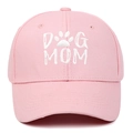 Pink cotton baseball cap with white DOG MOM embroidery and paw print on front view - Pink