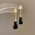 Elegant black teardrop earrings with pearl stud and gold accents for women - 61# Silver Needle-Golden Black Long Drop (HE24844)