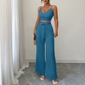 Elegante completo blu due pezzi con top a bretelle e pantaloni larghi con cintura - S / Verde petrolio