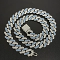 14mm blue and pink crystal encrusted Cuban link chain necklace with iced out box clasp - Small Clasp Half Blue Silver