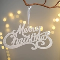 Silver glitter Merry Christmas hanging ornament with white ribbon on a pine branch - Crystal Hanging Silver Sign 20x30cm