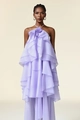 Detail of light purple halter neck tiered ruffle organza vacation dress for women - S / Maxi Skirt / Lavender