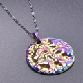 Rainbow plated stainless steel necklace with hammered circular pendant and chain - Necklace with Pendant / Rainbow