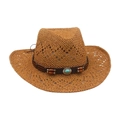 Classic tan straw cowboy hat with turquoise bead leather band and breathable design - Wood Beads & Turquoise Decor / Khaki