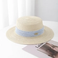 Flat top straw boater hat with light blue checkered ribbon and gold metal brand plate - 55-57cm (Adjustable) / Off-white (Blue Ribbon/Cotton Linen Pearl)