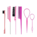 Pink hair styling tool set with combs and hair loops for smooth edge control - Pink 6-Piece Set