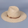 Detailed close-up of natural raffia straw sun hat with brown leather band and gold buckle - M (56-58cm) / Beige