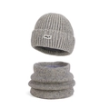 Winter gray knitted beanie and neck warmer set with warm fleece lining for men - Two-Piece Set / Beige